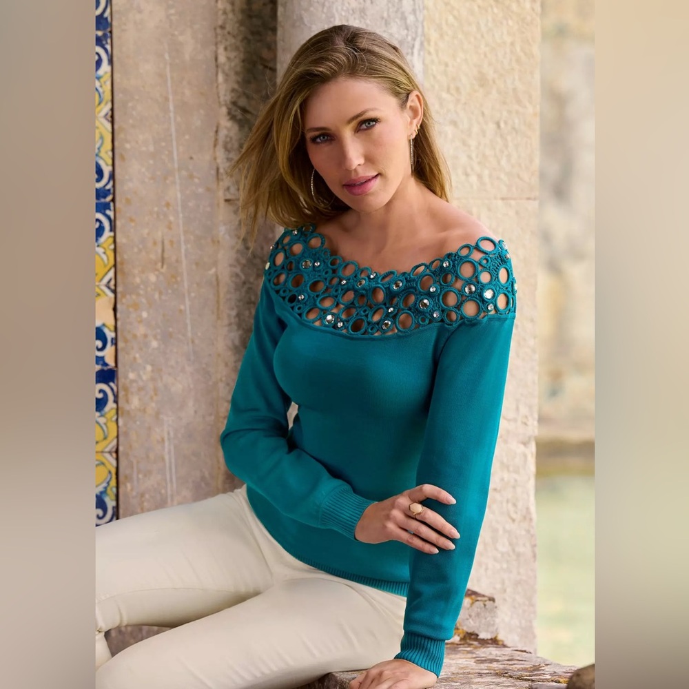 Boston Proper NWT Off the Shoulder Ocean Depths Embellished Pullover Sweater